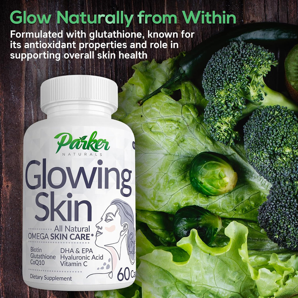 Parker Naturals Glowing Skin Supplement - Biotina, Glutatión, Ácido Hialurónico, Omega 3, CoQ10, Vitamina C, 60 Cápsulas