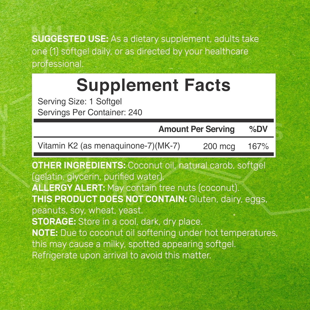 DEAL SUPPLEMENT Vitamina K2 MK-7 200mcg, 240 Cápsulas Blandas con Aceite de Coco