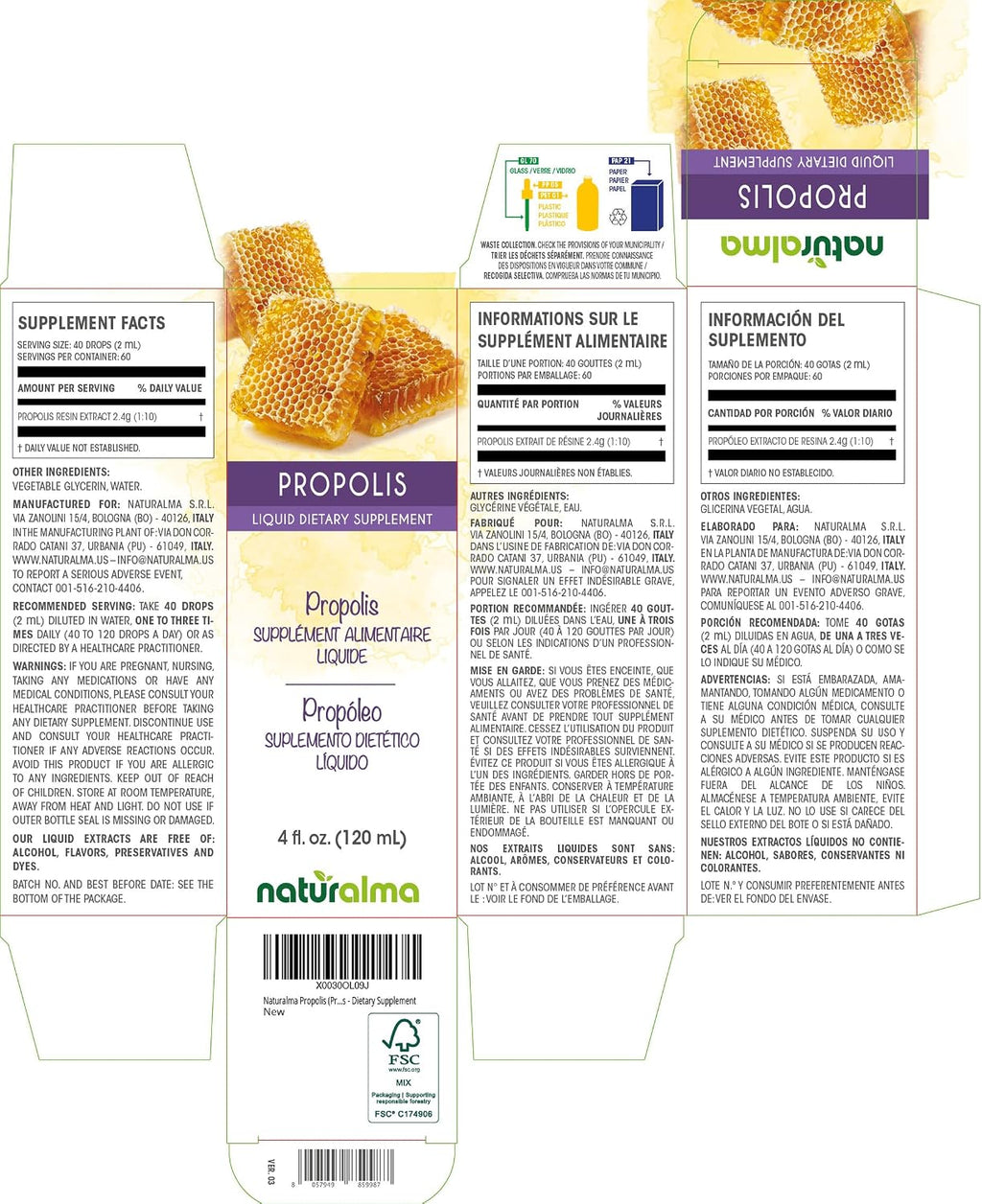 Naturalma Propóleo (Propolis) Tintura sin Alcohol - 118 ml Extracto Líquido en Gotas