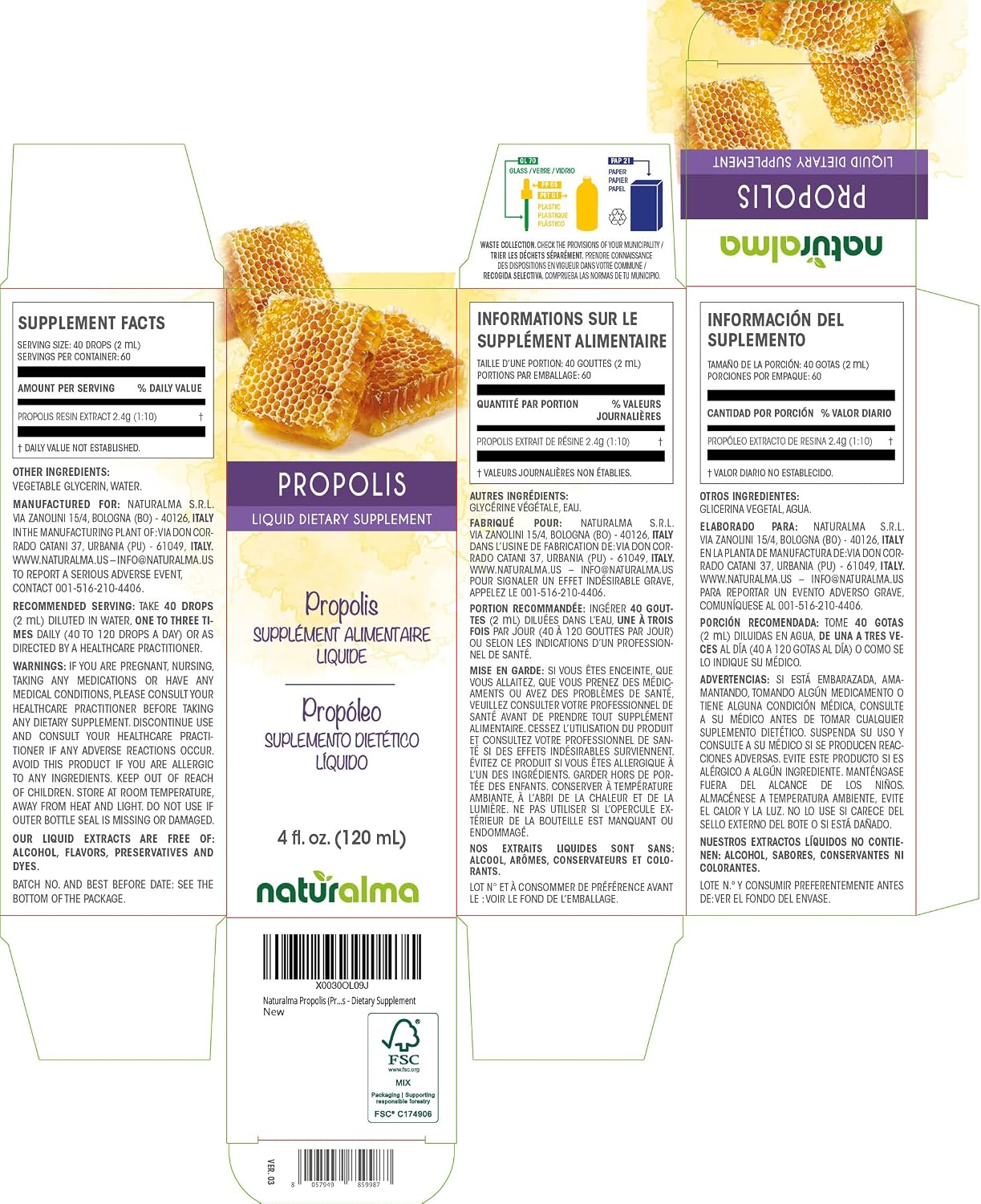 Naturalma Propóleo (Propolis) Tintura sin Alcohol - 118 ml Extracto Líquido en Gotas
