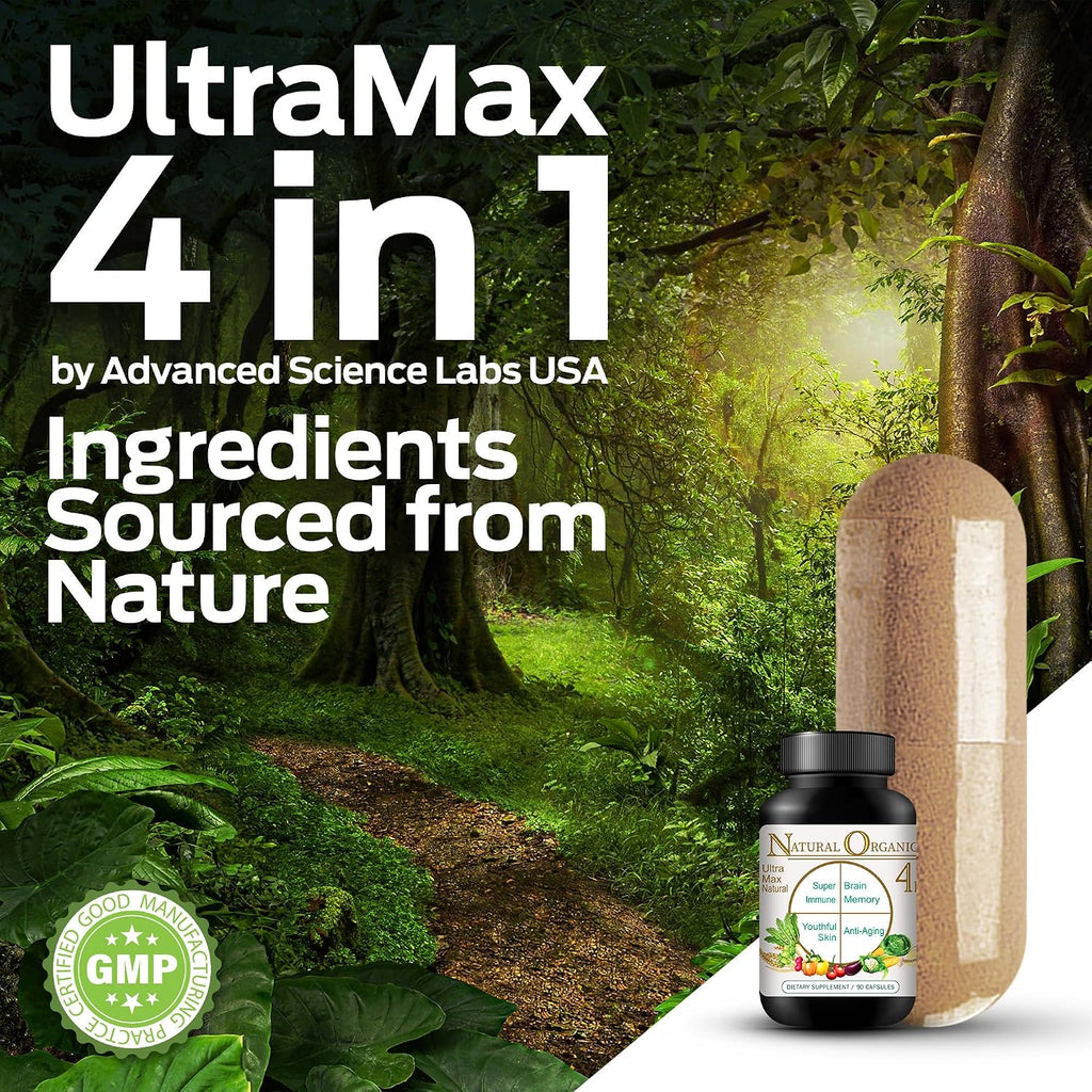 Ultra Max Natural Organic 4 en 1 Suplemento Cerebral para Memoria y Concentración, Apoyo Inmunológico y Antienvejecimiento