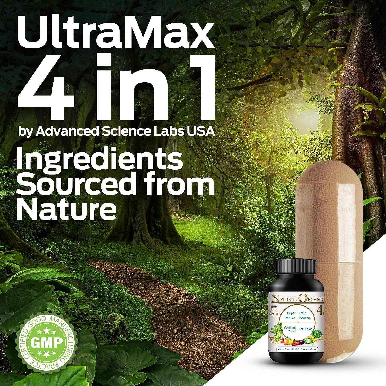 Ultra Max Natural Organic 4 en 1 Suplemento Cerebral para Memoria y Concentración, Apoyo Inmunológico y Antienvejecimiento