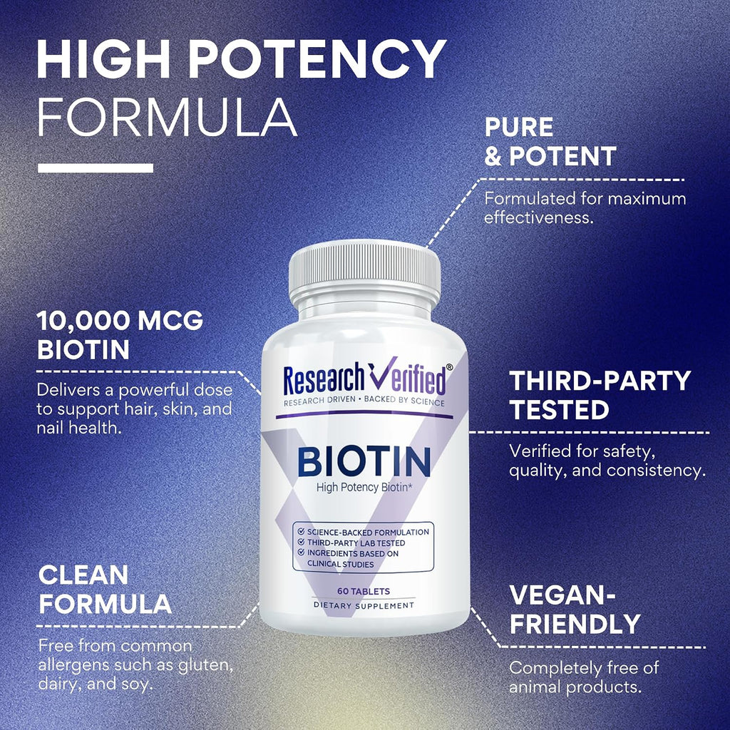 Research Verified Biotin 10000 mcg – Biotina Pura Extra Fuerte – 60 Comprimidos Veganos
