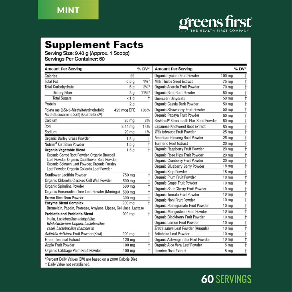 Greens First Original Greens Powder - 49 superalimentos - frutas y verduras orgánicas - prebióticos, probióticos y enzimas digestivas - batido antioxidante - sin lácteos, vegano y no-GMO (menta, 60 raciones)