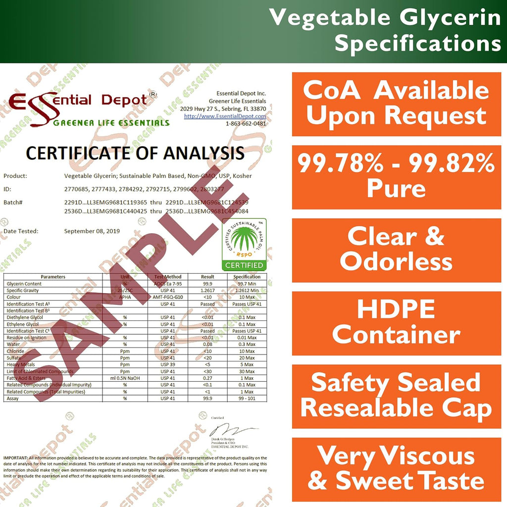 Glicerina Vegetal - 1 Pinta (473 ml) - VG de Palma Sostenible RSPO - No GMO - Kosher - Halal - Grado Farmacéutico USP - Envase HDPE con Sello de Seguridad