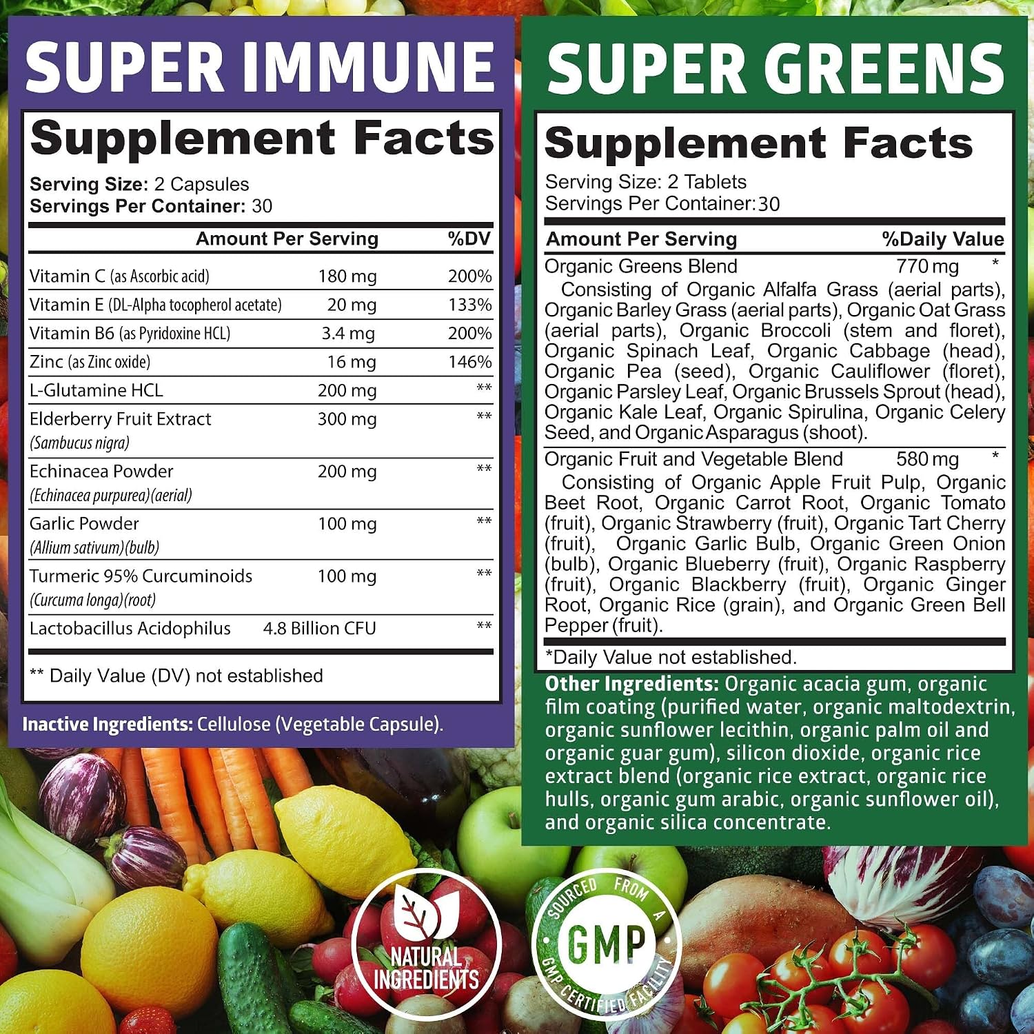 N1N Premium Organic Super Fruits & Veggies + Immune Support - 120 Cápsulas