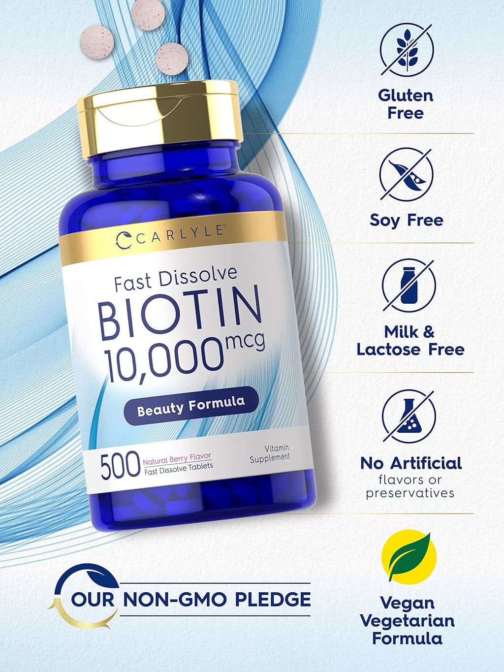 Carlyle Biotina 10.000mcg | 500 Comprimidos de Disolución Rápida | Para Cabello, Piel y Uñas | Máxima Potencia | Vegano, Sin OGM, Sin Gluten
