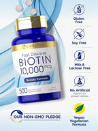 Carlyle Biotina 10.000mcg | 500 Comprimidos de Disolución Rápida | Para Cabello, Piel y Uñas | Máxima Potencia | Vegano, Sin OGM, Sin Gluten