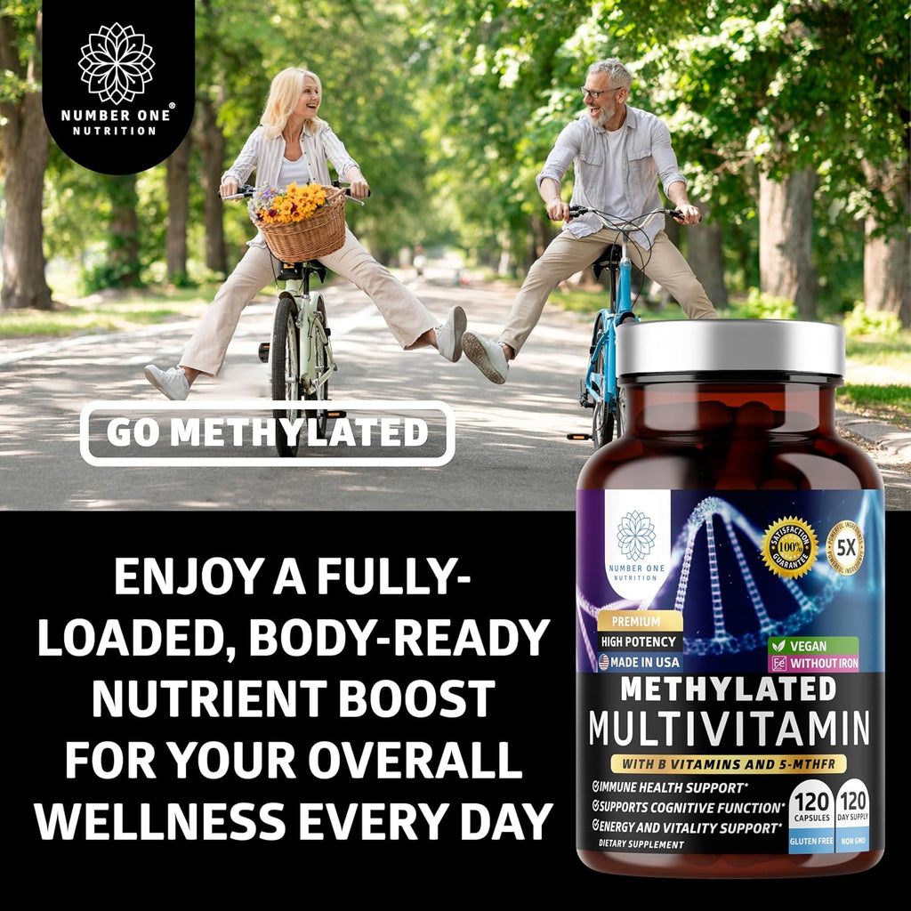 Number One Nutrition Multivitamínico Metilado para Mujeres y Hombres, Complejo B Activo con Metilfolato y Metilcobalamina, Sin Hierro, No Transgénico, Sin Gluten, 120 Cápsulas