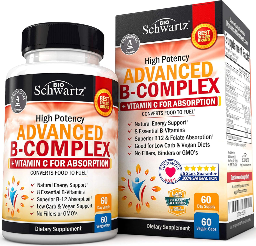 Complejo de Vitaminas B con Vitamina C - con Metilcobalamina B12 y Folato - Suplemento B1 B2 B3 B5 B6 B7 B9 - 60 Cápsulas