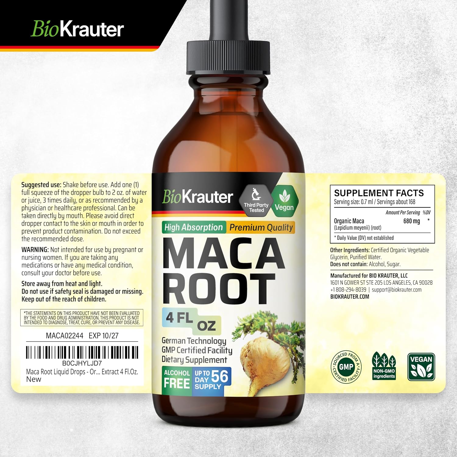 BIO KRAUTER® Maca Root for Women and Men - Vegan Maca Root Liquid Drops 680 mg for Drive & Active Lifestyle Support - 4 Fl.Oz., 56-Day Supply, Non-GMO, Alcohol & Sugar Free Herbal Supplements