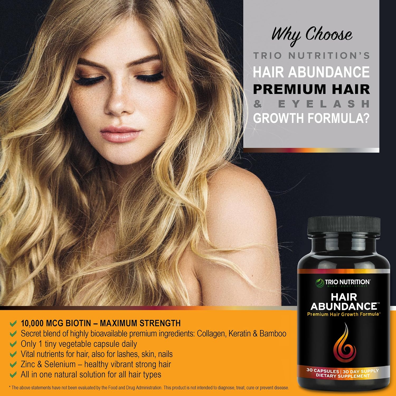 TRIO NUTRITION Hair Abundance | Suplemento de Biotina 10000mcg con Colágeno, Keratina, Zinc y Selenio