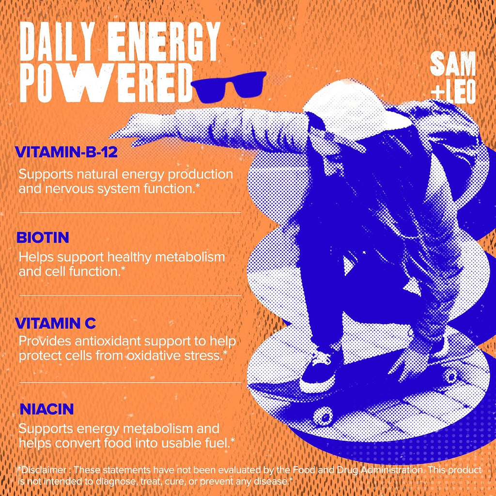 SAM+LEO Gominolas de Complejo B con Biotina para Niños y Adolescentes - Sin Cafeína - Sabor Fresa (60 uds)