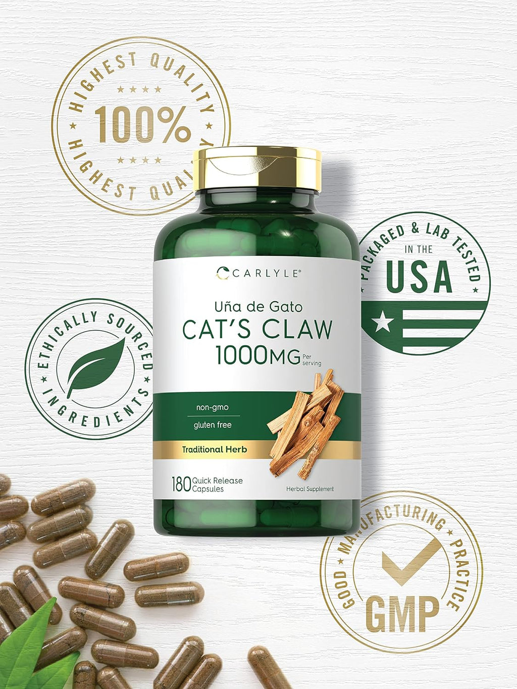 Carlyle Uña de Gato Cápsulas 1000mg | 180 Cápsulas | Uncaria Tomentosa | No OGM, Sin Gluten