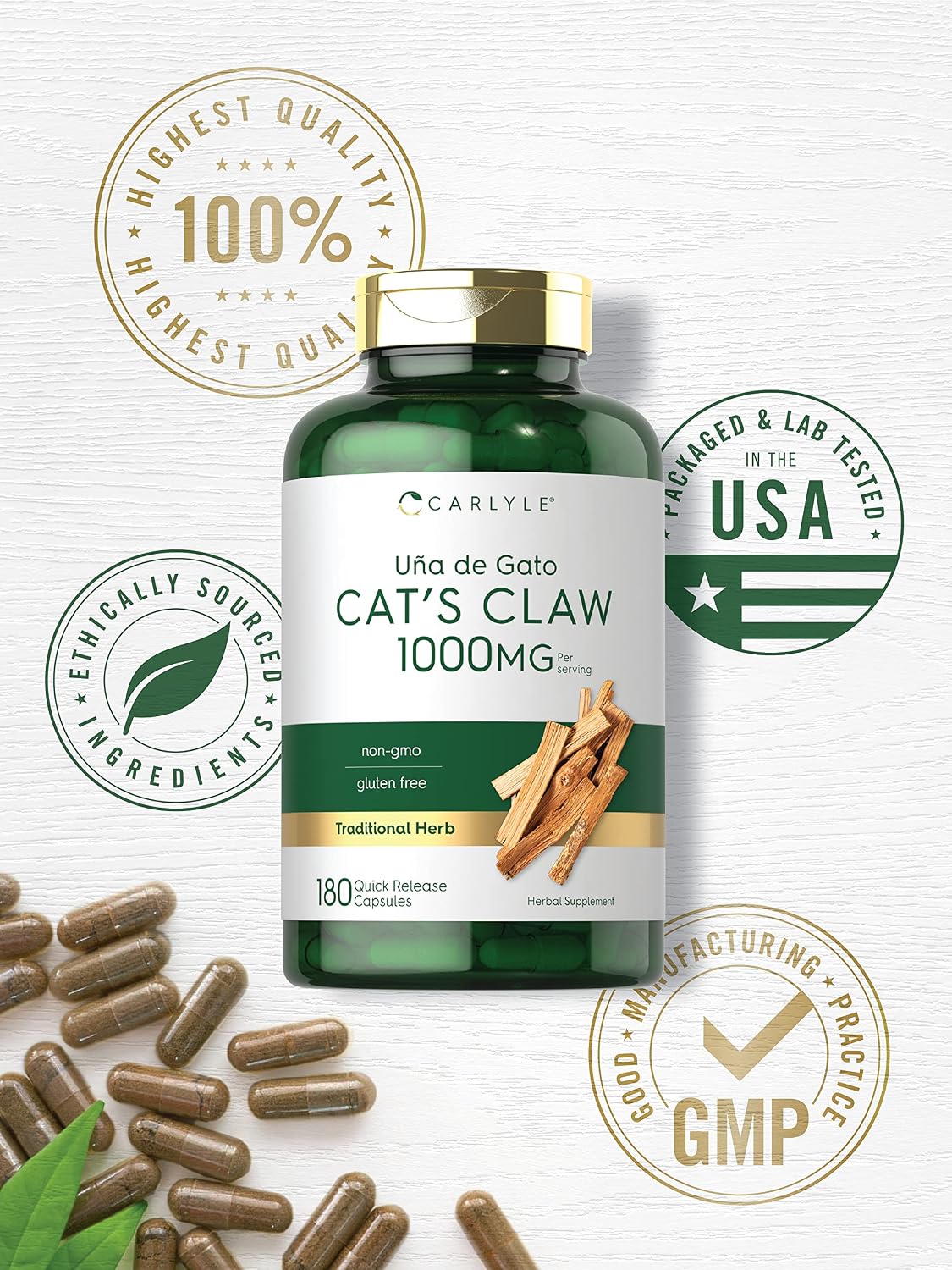 Carlyle Uña de Gato Cápsulas 1000mg | 180 Cápsulas | Uncaria Tomentosa | No OGM, Sin Gluten