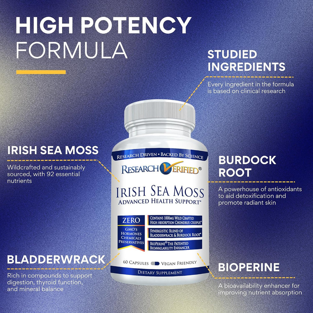 Research Verified Irish Sea Moss - Musgo de Mar, Fucus, Bardana, BioPerine - 60 Cápsulas - Vegano
