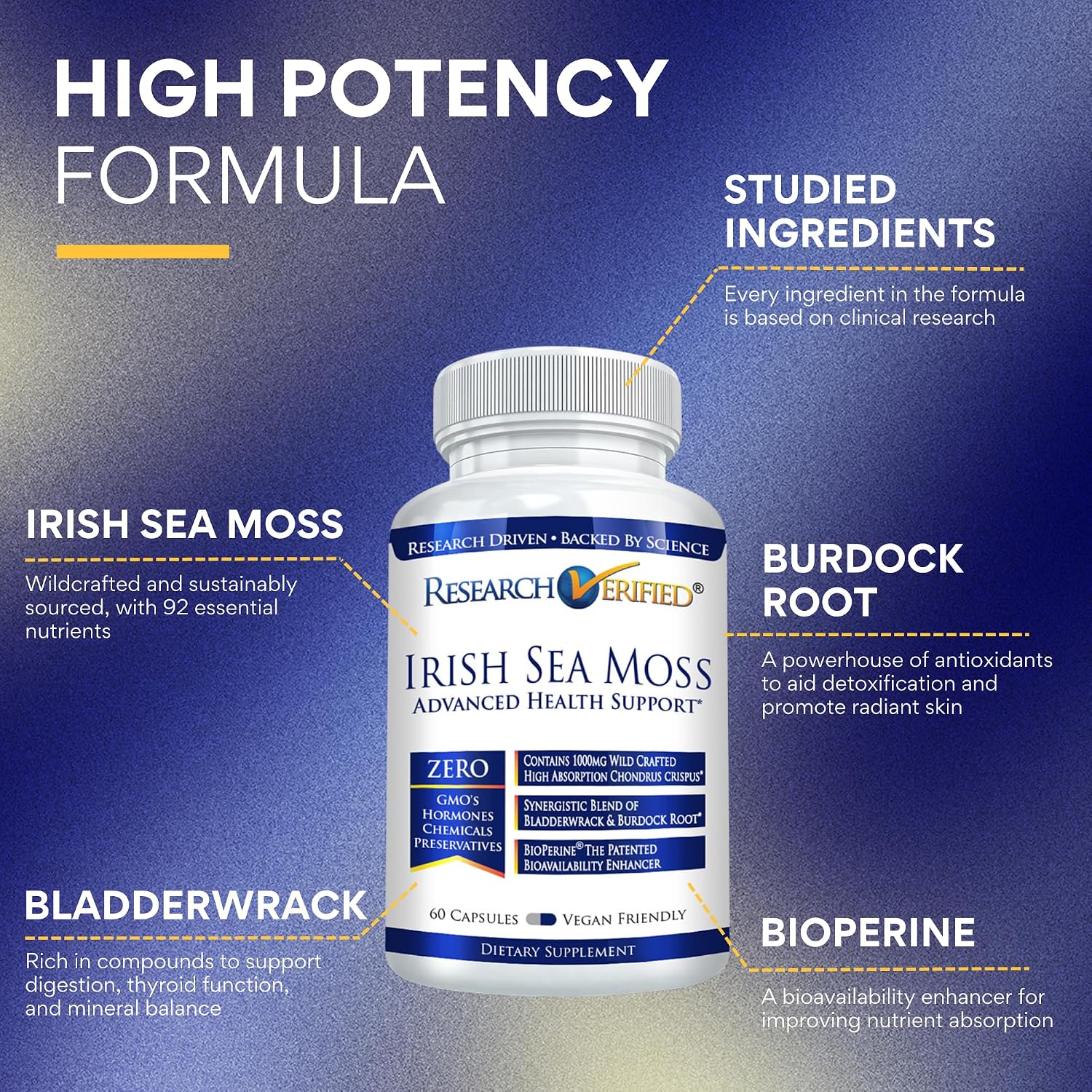Research Verified Irish Sea Moss - Musgo de Mar, Fucus, Bardana, BioPerine - 60 Cápsulas - Vegano