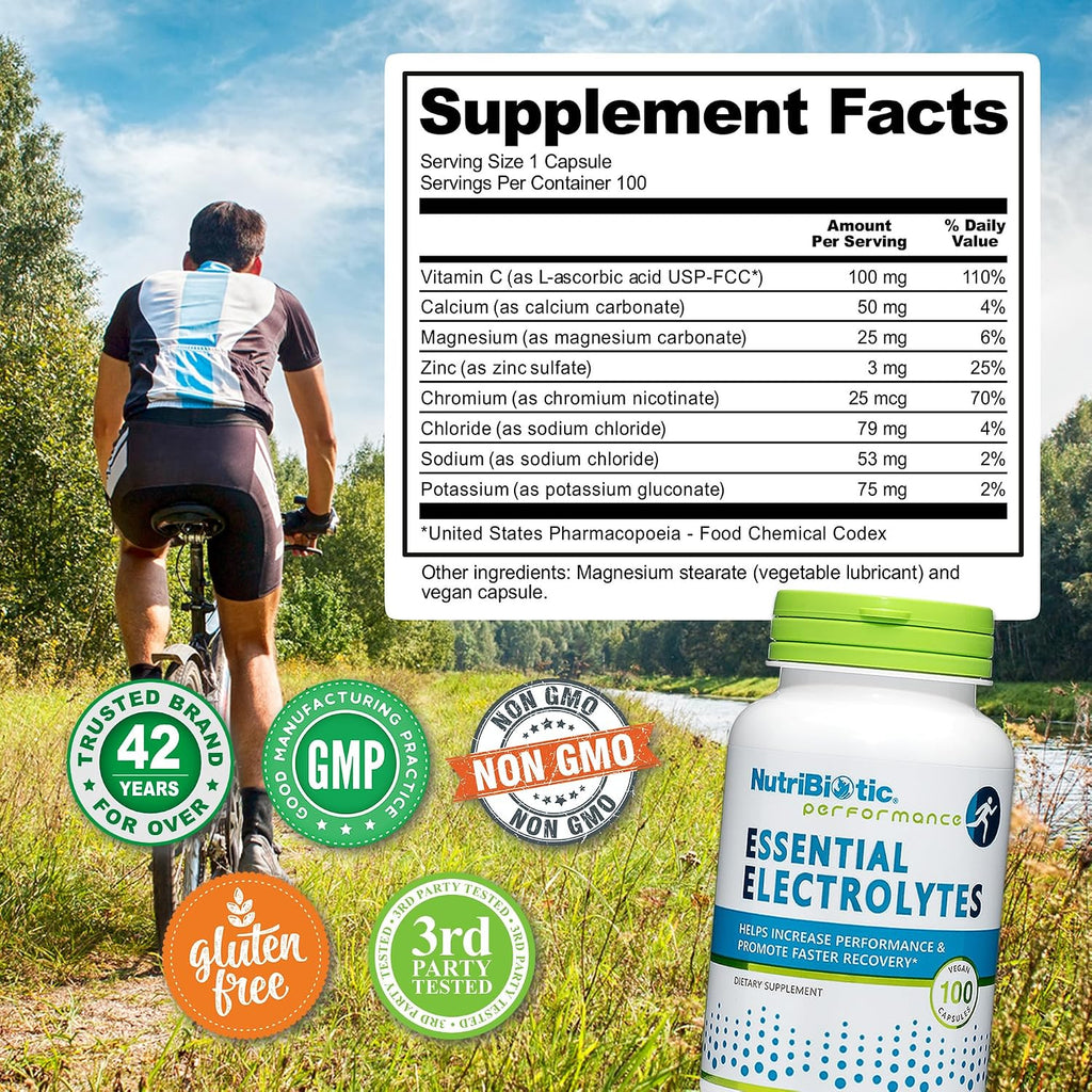 NutriBiotic Essential Electrolytes, 100 Capsules | Electrolytes with Vitamin C for Rehydration and Performance