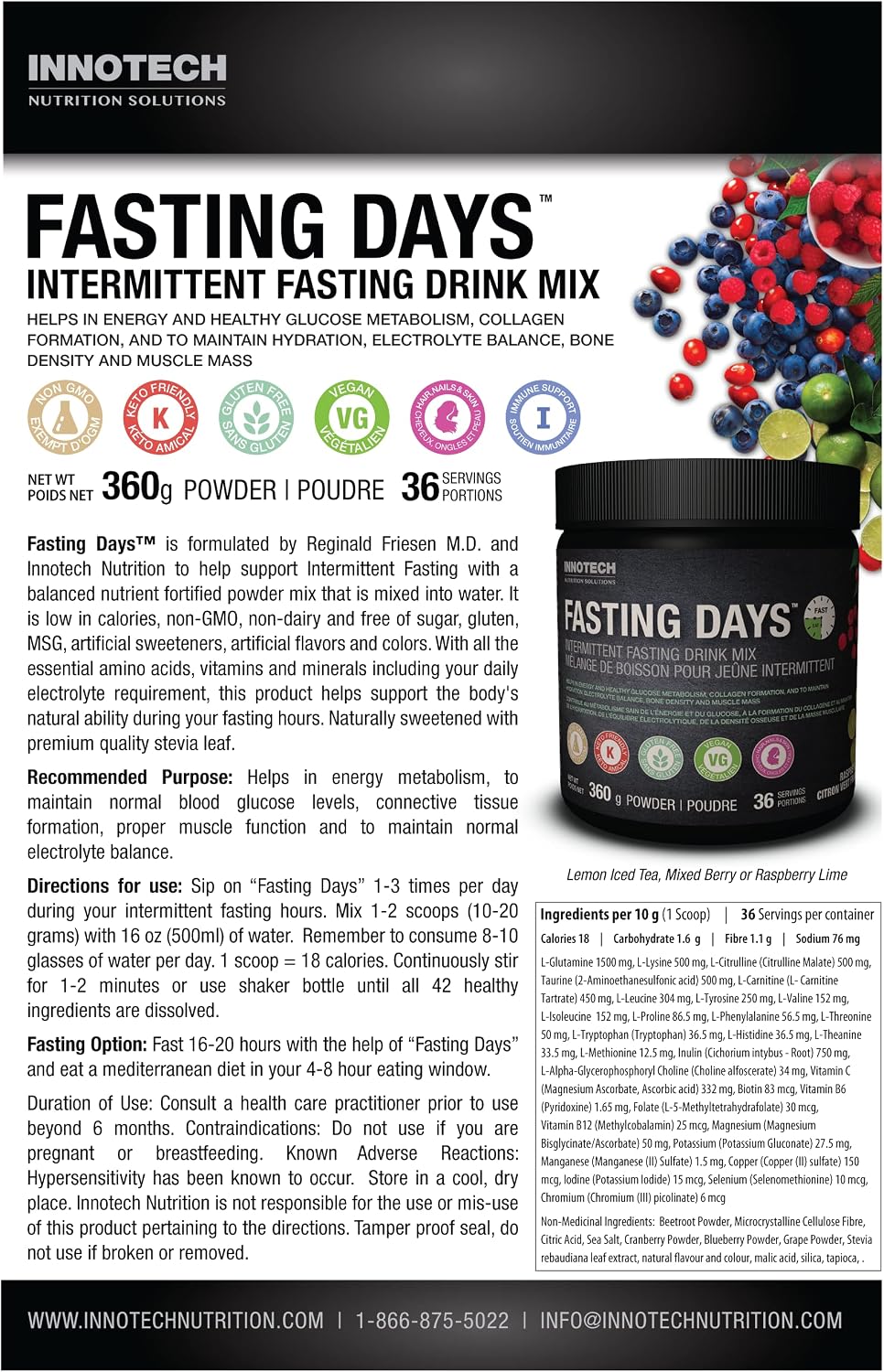 Innotech Nutrition Fasting Days - Mezcla para Ayuno Intermitente con 42 Ingredientes Esenciales y Electrolitos - Limón Té Helado, 360g