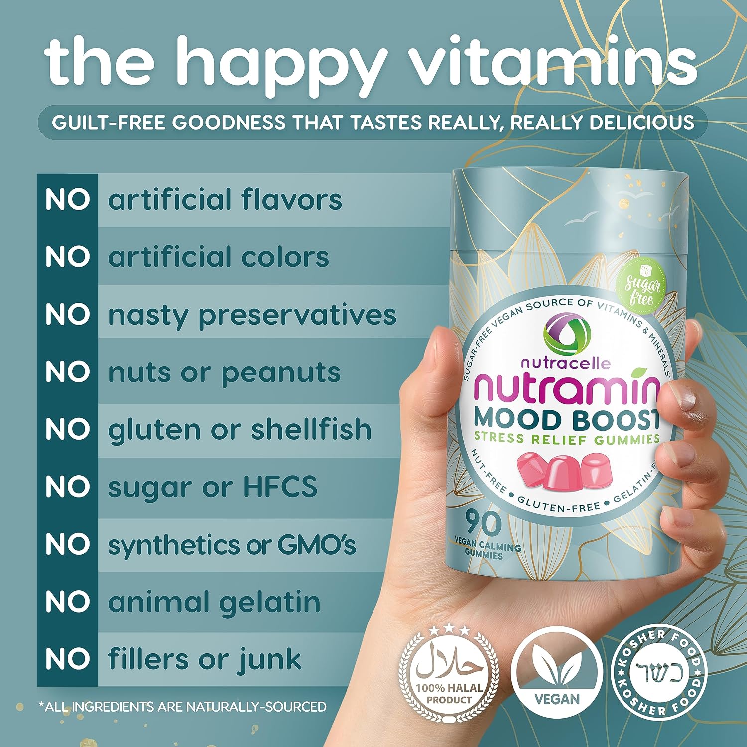 NUTRAMIN Mood Boost Gomitas Multivitamínicas - Deliciosas gomitas antiestrés con magnesio, ashwagandha y vitaminas del grupo B para la calma y el enfoque - Sin azúcar, veganas, sin gluten (90 unidades)