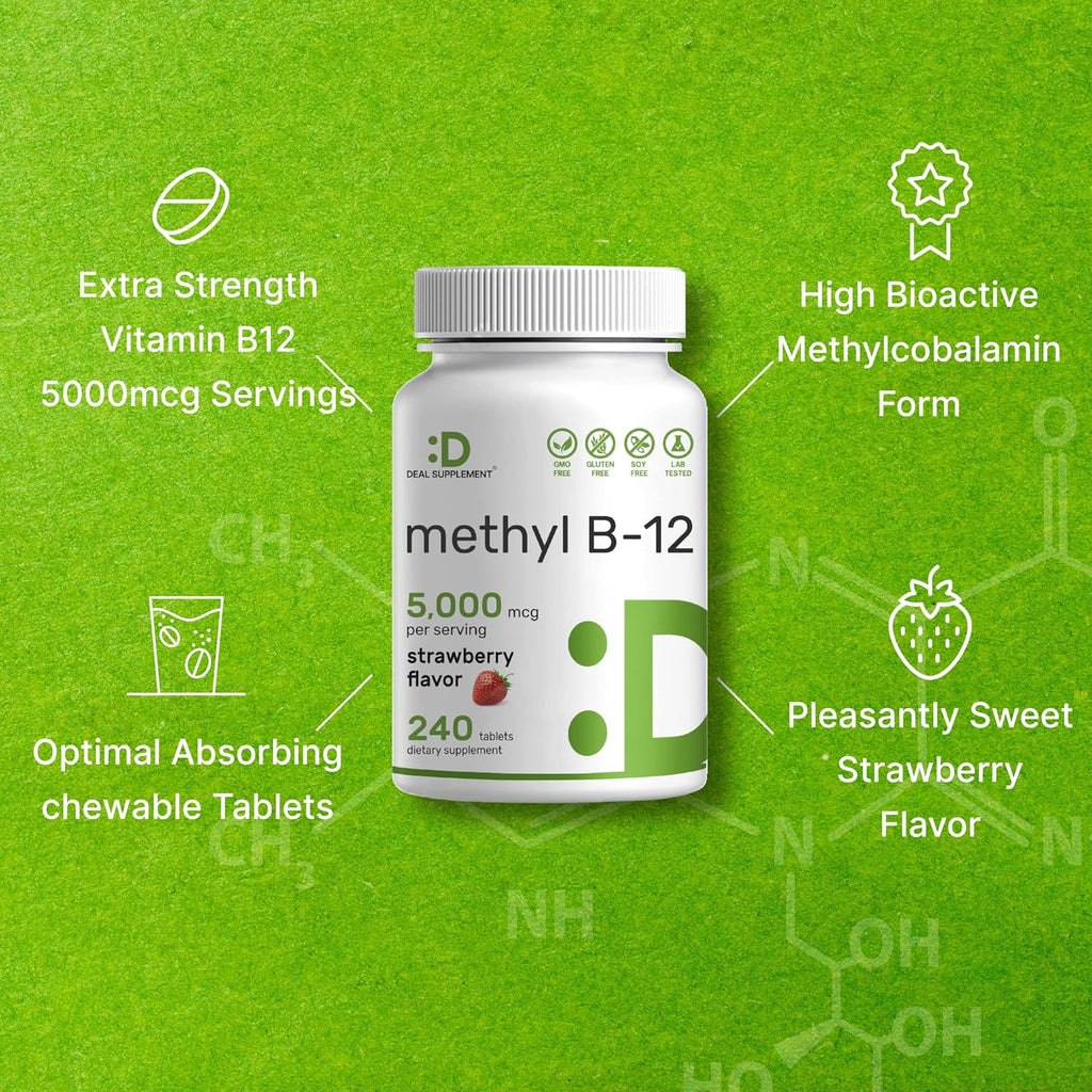 DEAL SUPPLEMENT Methyl B-12 5000 mcg, 240 Comprimidos Masticables | Forma Activa - Sabor Fresa - Energía y Función Cerebral - Vegano y Sin OGM
