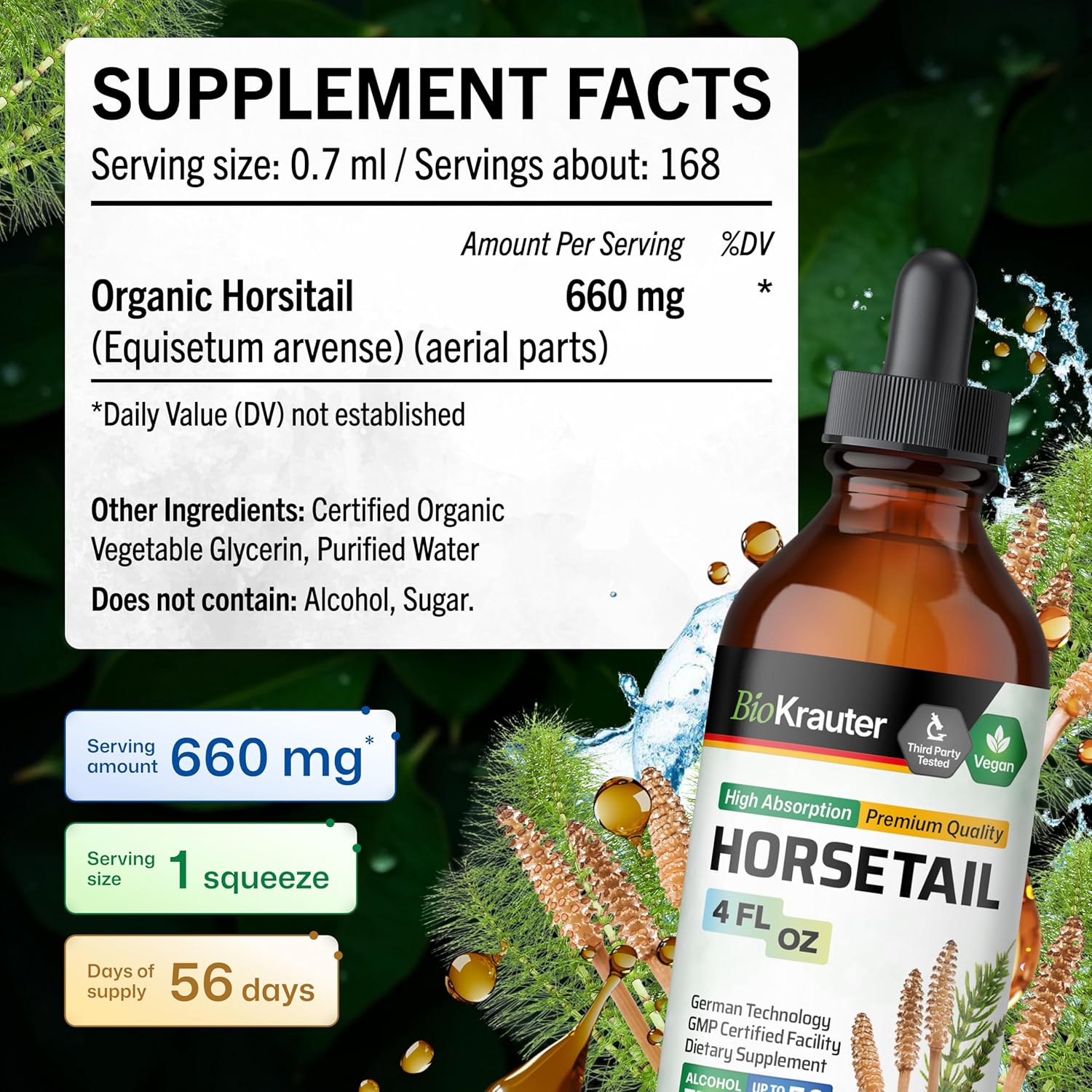 BIO KRAUTER Cola de Caballo Líquido – Suplemento para Cabello, Piel y Uñas – 660 mg por Ración – Vegano – 118 ml