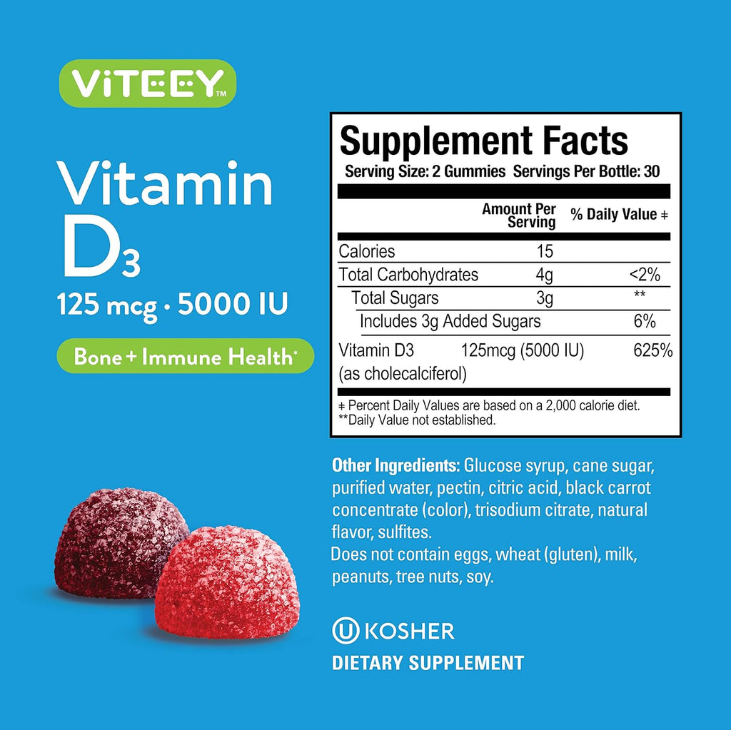Viteey Vitamin D3 Gummies – 5000 IU (125 mcg) – 120 Gominolas para Adultos y Adolescentes