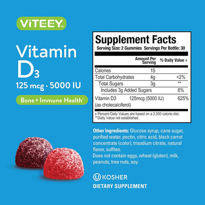 Viteey Vitamin D3 Gummies – 5000 IU (125 – Contribuye al funcionamiento normal de los músculos. – Image 4