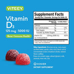 Viteey Vitamin D3 Gummies for Adults & Teens - 5,000 IU, 125mcg | Ultra Strength - Joint & Muscle Health, Immune Boost - Chewable Vitamin D Gummies - Vegetarian, Gelatin Free - 60 Count
