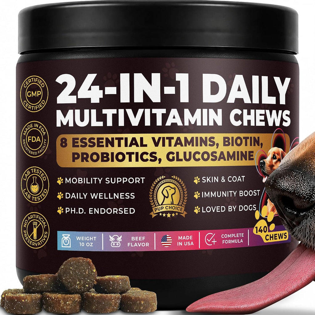 Pup Choice 24-en-1 Multivitamínico para Perros – Snacks blandos con Glucosamina, Probióticos y Omega-3 – 140 golosinas