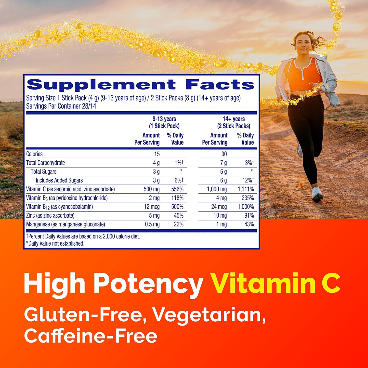 Emergen-C Crystals, On-the-Go, Suplemento de Vitamina C con Vitaminas B, Zinc y Manganeso, Sabor Naranja Vitalidad - 28 Sobres