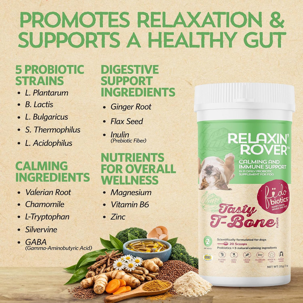Relaxin’ Rover Suplemento Calmante con Probióticos para Perros con Valeriana, Manzanilla y GABA para Alivio del Estrés y la Ansiedad, Delicioso Sabor a Hueso T-Bone, 20 Dosis