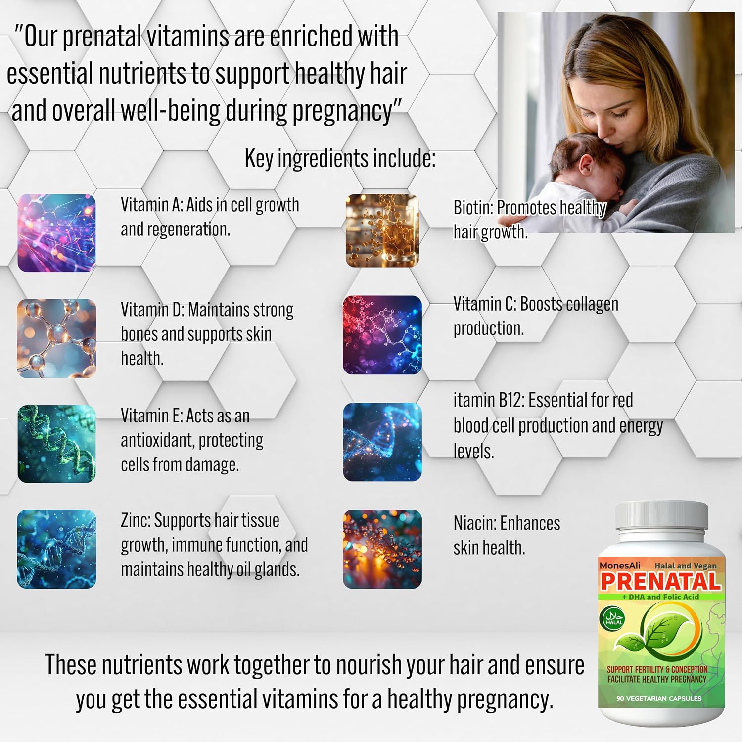 Vitaminas Prenatales para Mujeres | Postnatal | Vegano, Halal Sin Gelatina | con Folato, Hierro y Biotina | Apoyo para el Embarazo, Energía Postparto y Salud Capilar, 90 Cápsulas
