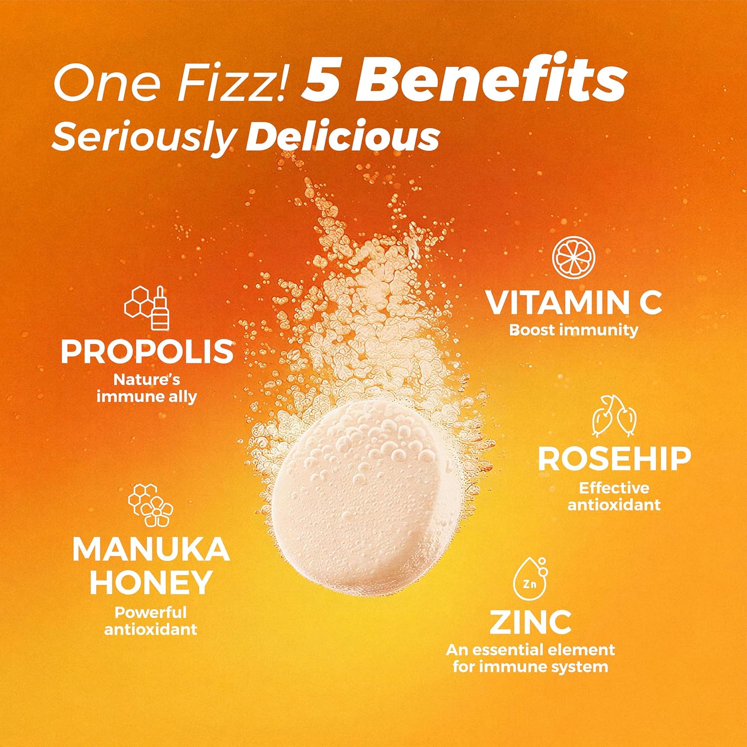 REACTONZ 5 in 1 Immunity Plus – Immune Support & Antioxidant Supplement – Vitamin C, Zinc, Manuka Honey, Rosehip & Propolis – Natural Zesty Orange Flavor – 20 Day Supply Effervescent Tablets