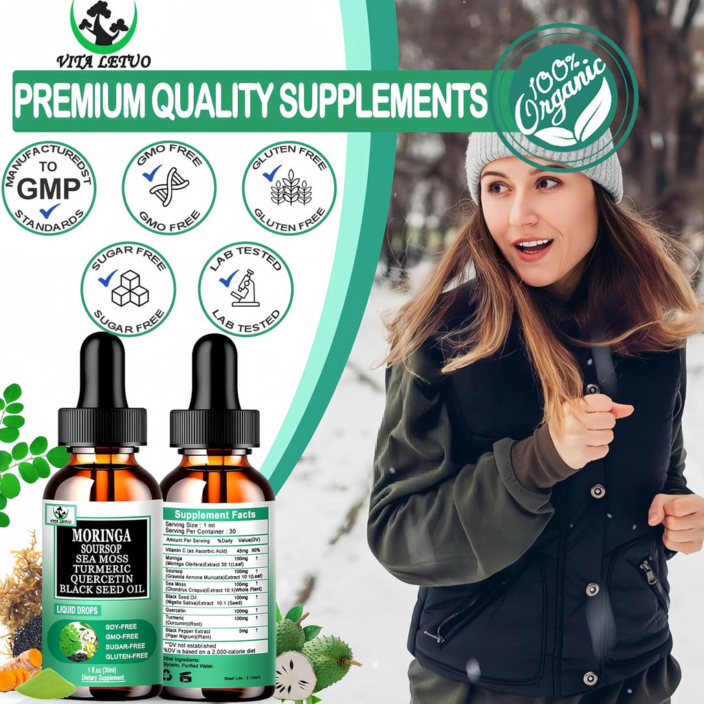 Moringa Drops – Extracto Líquido Puro de Moringa Oleifera con Soursop, Sea Moss, Aceite de Semilla Negra, Quercetina y Cúrcuma | Suplemento Superfood Multimineral y Vitaminas
