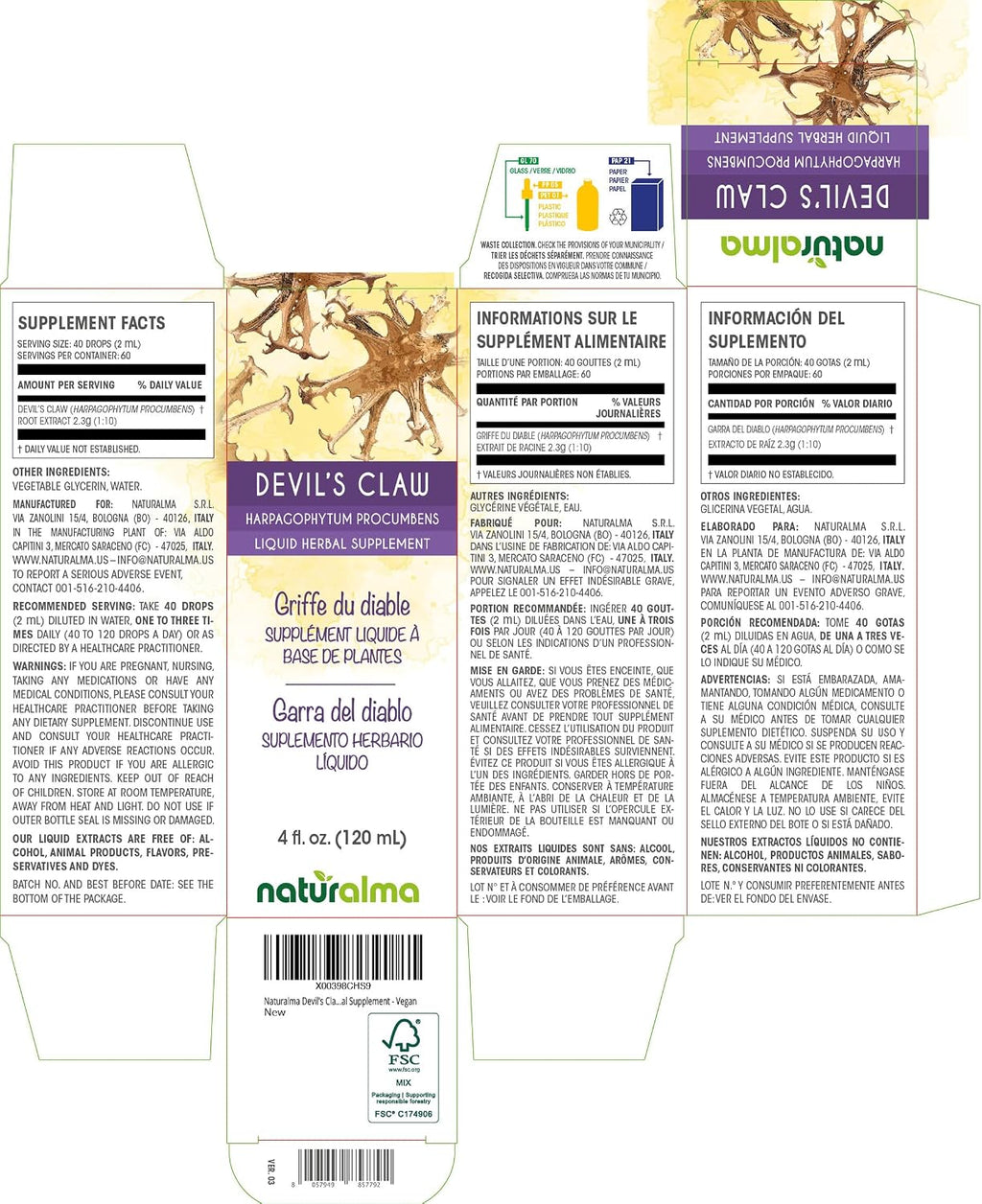 Naturalma Devil's Claw (Harpagophytum procumbens) Root Alcohol-Free Tincture - 120 ml