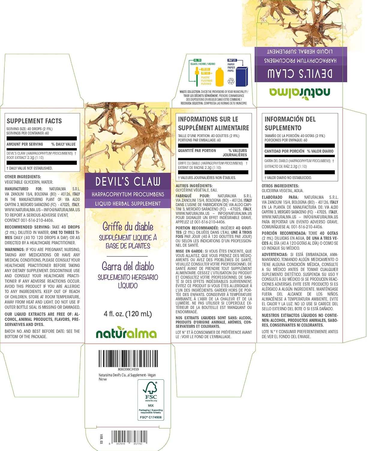 Naturalma Devil's Claw (Harpagophytum procumbens) Root Alcohol-Free Tincture - 120 ml