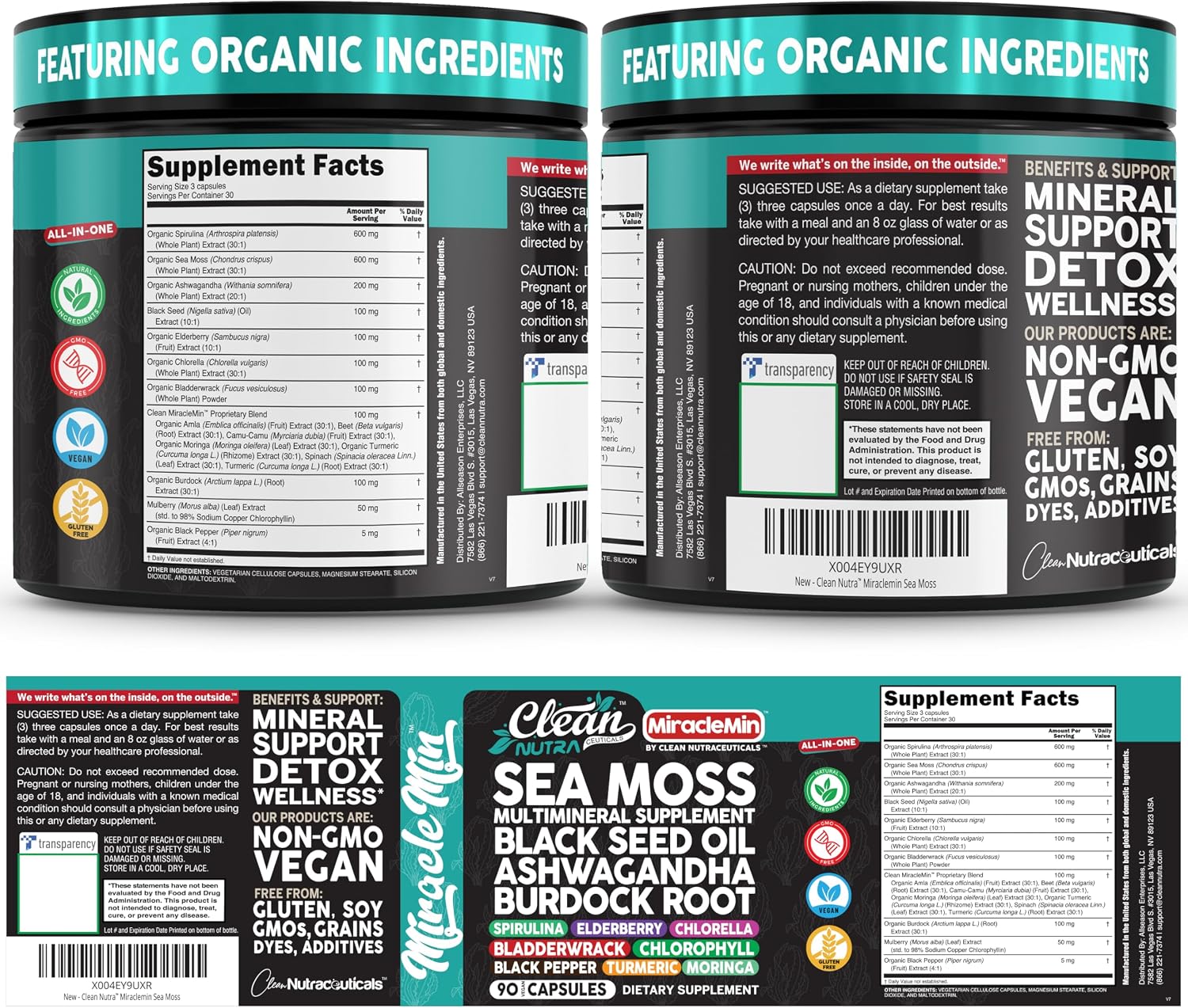 Clean Nutra Cápsulas Orgánicas de Musgo Marino con Ashwagandha, Aceite de Semilla Negra, Raíz de Bardana, Musgo de Vejiga, Moringa, Chlorella, Espirulina, Cúrcuma, Saúco, Amla – 90 Cápsulas Veganas – MiracleMin