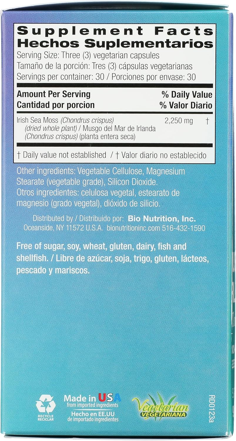 Bio Nutrition Irish Sea Moss, Sin Gluten, 90 Cápsulas Veganas