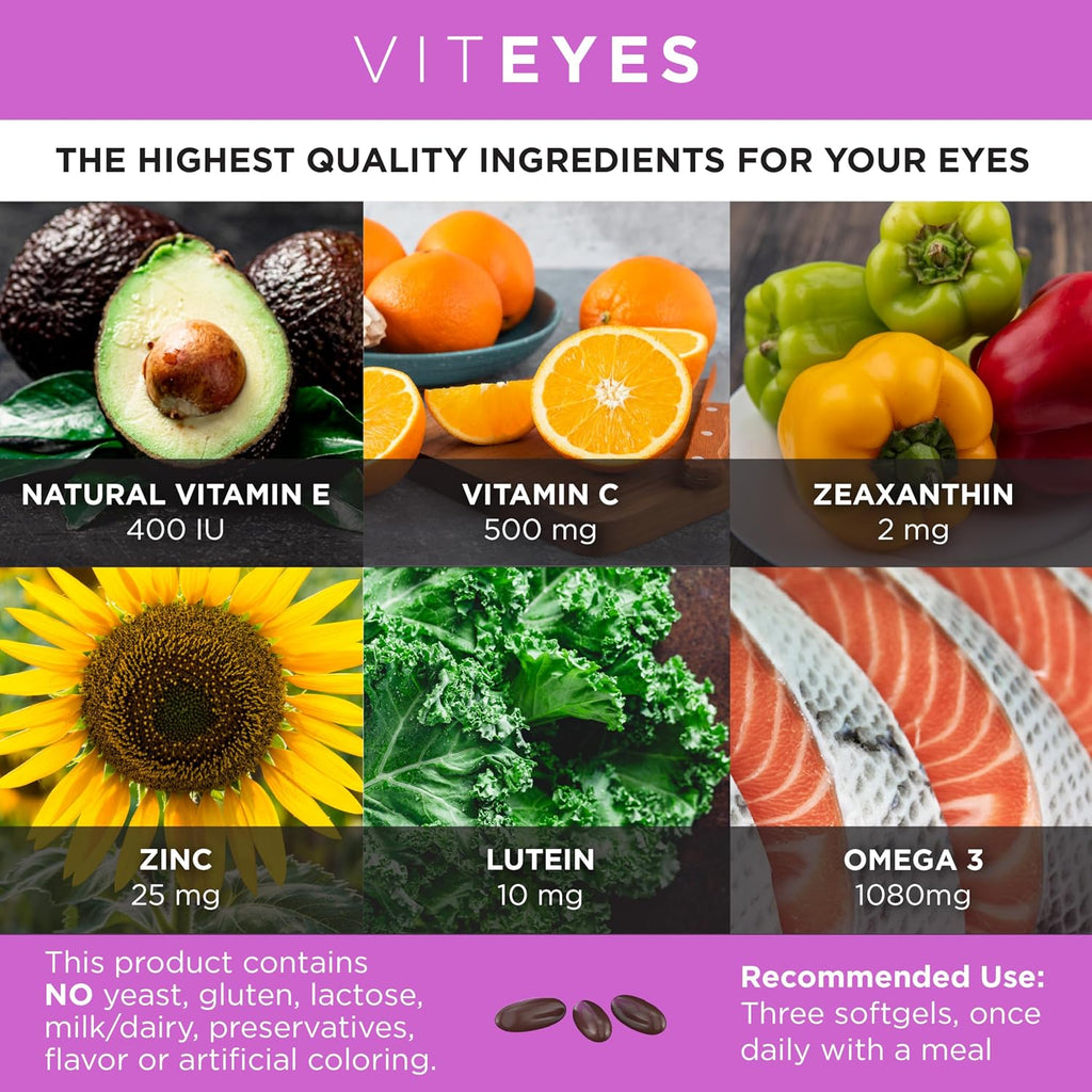 Viteyes AREDS 2 + Omega-3 Fórmula para la Salud Macular, Cápsulas Blandas, Omega-3 Triple Fuerza (650 mg EPA, 350 mg DHA), 90 Cápsulas