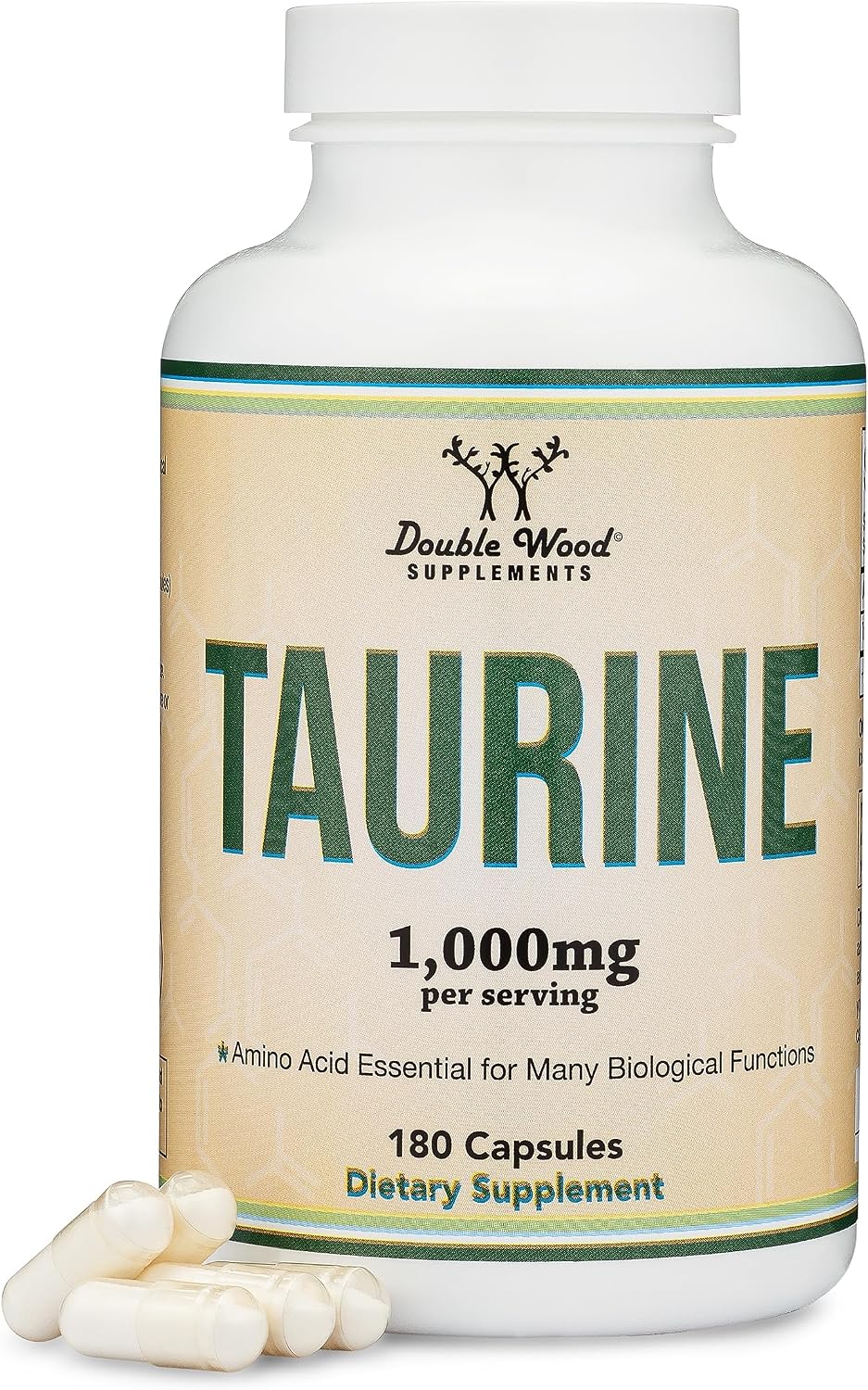 Taurina 1000mg por Ración, 180 Cápsulas - L-Taurina Vegana, Sin Gluten | Double Wood