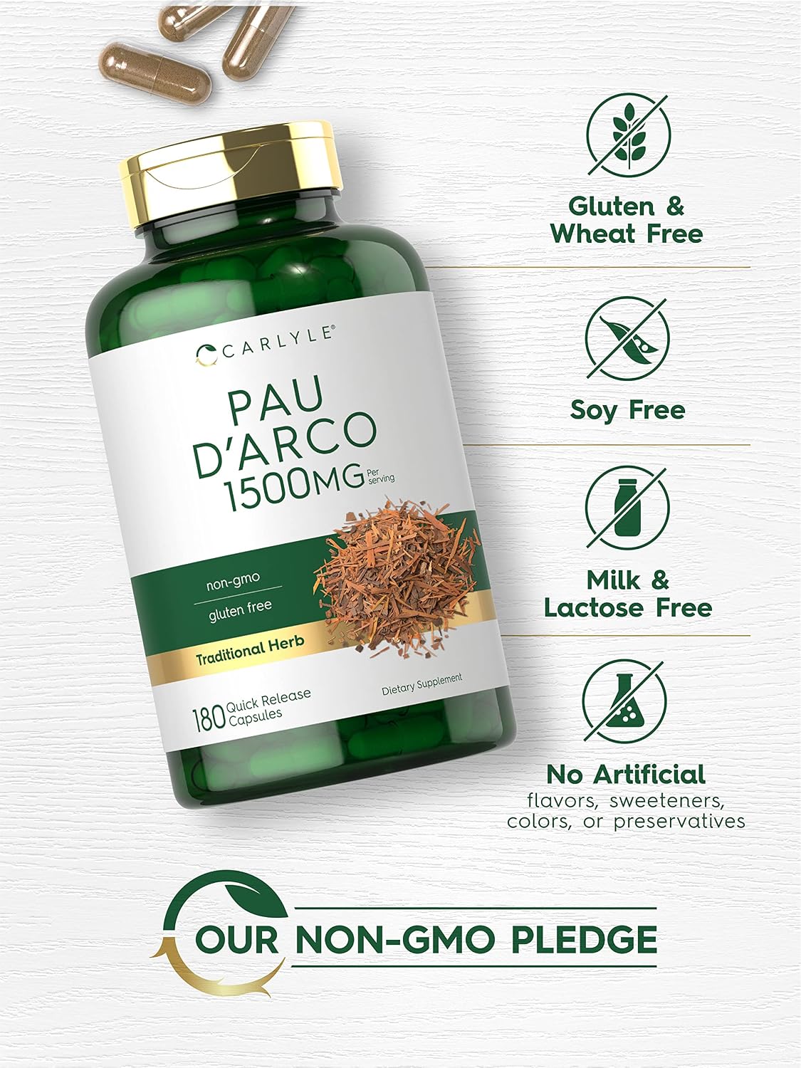 Carlyle Pau D'Arco Cápsulas | 1500 mg | 180 Unidades | Suplemento Herbal | No OGM, Sin Gluten