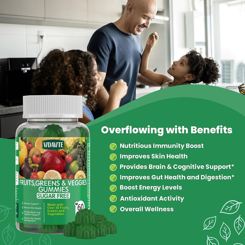 VIDAVITE Gominolas de Superalimentos sin Azúcar - 35+ Frutas y Verduras para Adultos y Adolescentes