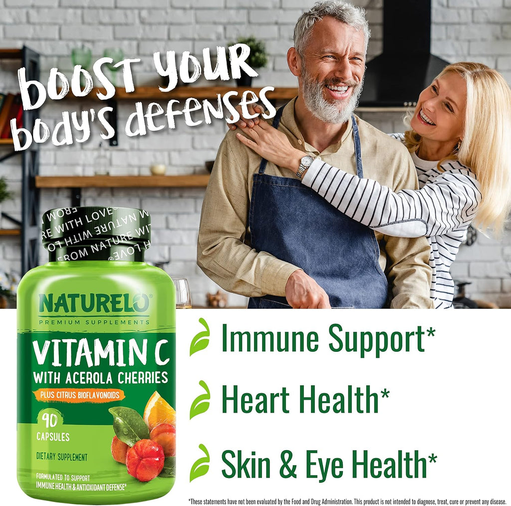 NATURELO Vitamina C con Acerola Ecológica y Bioflavonoides Cítricos - 500 mg por Cápsula - 180 Cápsulas