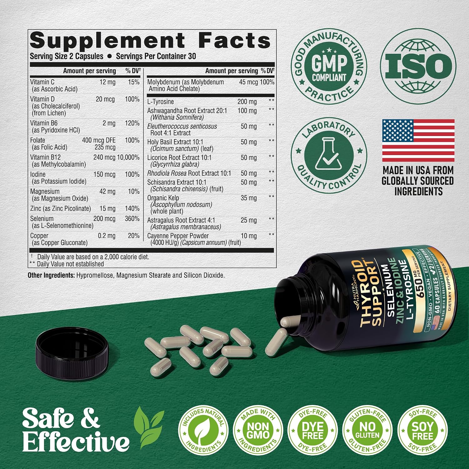 Apoyo Tiroideo para Mujeres - Selenio 200 mcg, Astragalus, Zinc y Yodo - Complejo 21 en 1 con Hierbas Adaptógenas - Vegano, No Transgénico - 60 Cápsulas