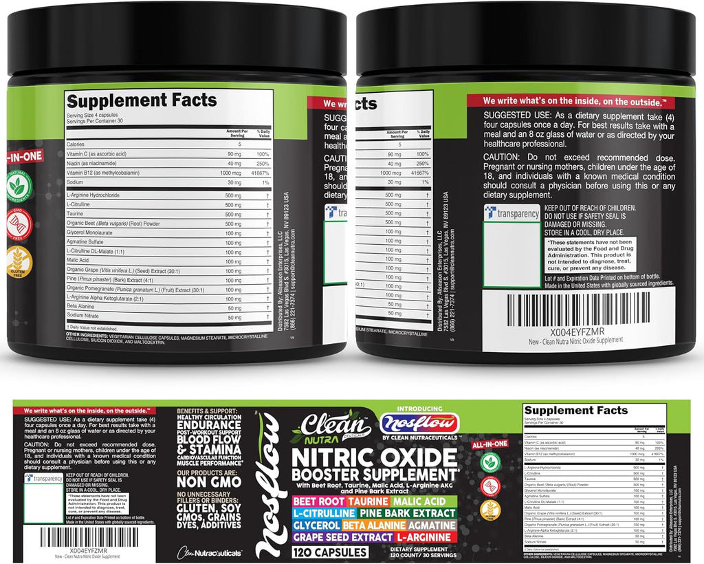 NosFlow Suplemento de Óxido Nítrico para Hombres | Remolacha, Taurina, L-Arginina, Ácido Málico, L-Citrulina, Corteza de Pino, Glicerol, Agmatina, Semilla de Uva, Vitamina C, B12, B3 - Clean Nutra