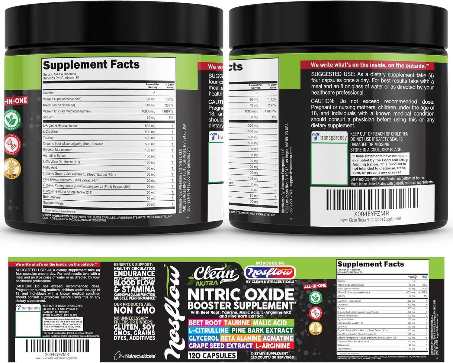 NosFlow Suplemento de Óxido Nítrico para Hombres | Remolacha, Taurina, L-Arginina, Ácido Málico, L-Citrulina, Corteza de Pino, Glicerol, Agmatina, Semilla de Uva, Vitamina C, B12, B3 - Clean Nutra