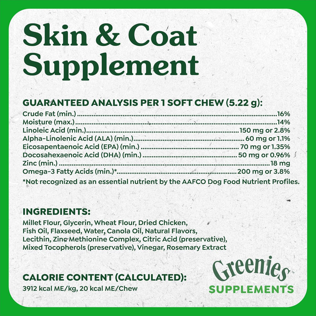 Greenies Suplemento para Perros Piel y Pelaje con Aceite de Pescado y Omega 3, Sabor a Pollo, Gomitas Blandas, Tarro de 417 g, 80 unidades