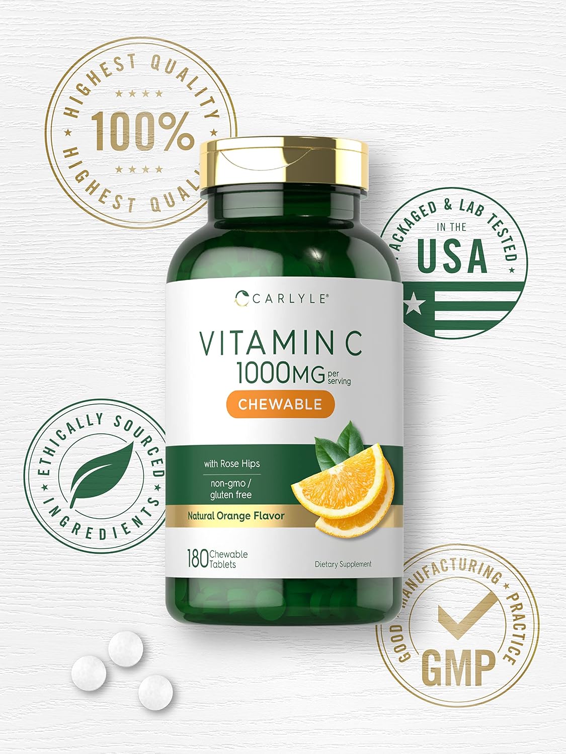 Carlyle Vitamina C Masticable | 1000 mg | 180 Comprimidos | Vegetariano, Sin Gluten, No-GMO