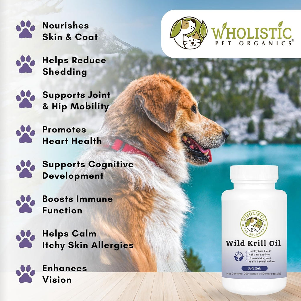 Wholistic Pet Organics Krill Oil para Perros y Gatos - Suplemento Antioxidante Premium - 60 Cápsulas Blandas